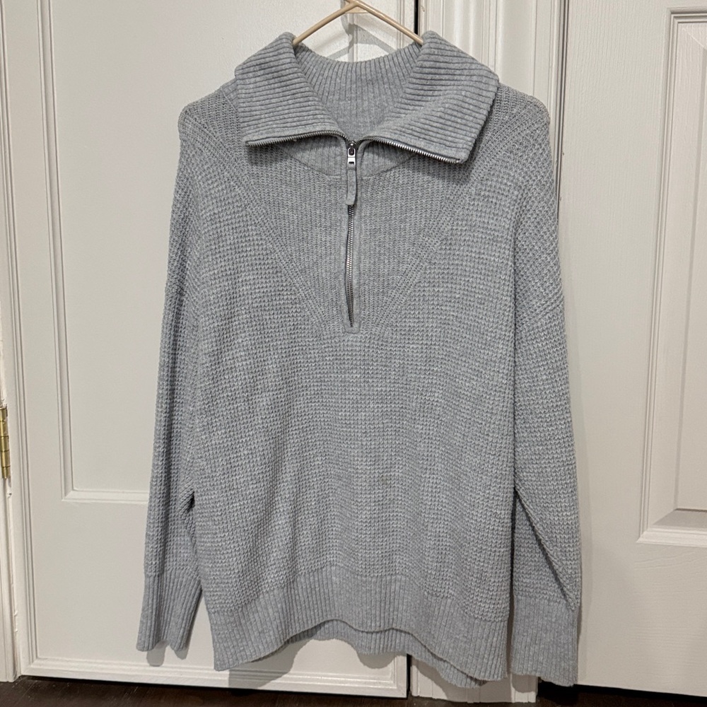Aerie Gray Knit Zip-Up Sweater